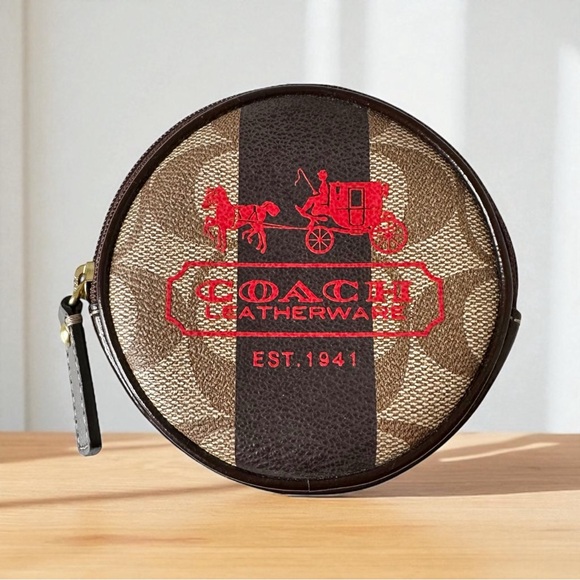 Coach Khaki Brown & Red Horse & Carriage Round Tattersall Coin Pouch - Picture 1 of 11